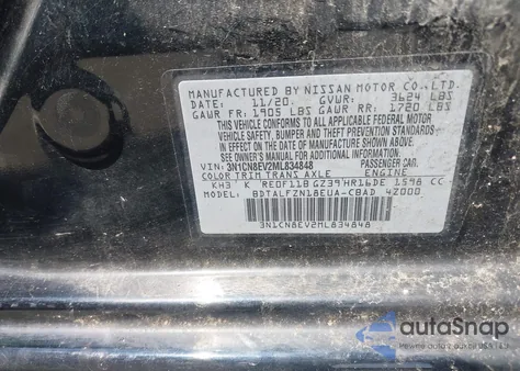 2021 Nissan Versa Sv Xtronic Cvt z USA, uszkodzony, nr VIN 3N1CN8EV2ML834848